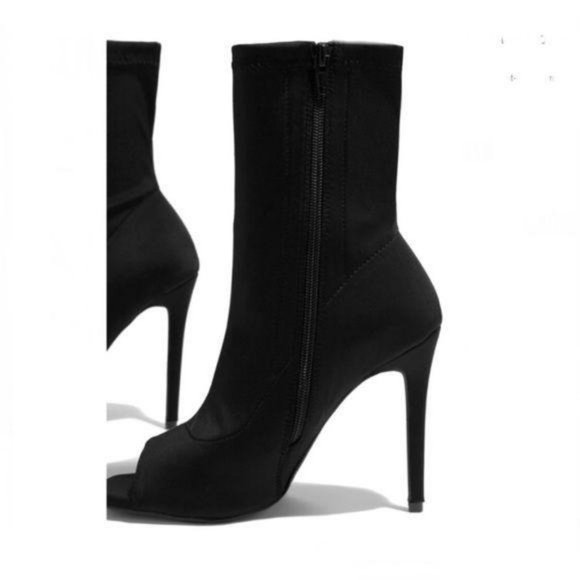 Black Lycra Squared Open Toe Ankle Booties - Picture 4 of 9